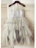 Sheer Neck Silver Sequin Gray Ruffled Tulle Wedding Flower Girl Dress
